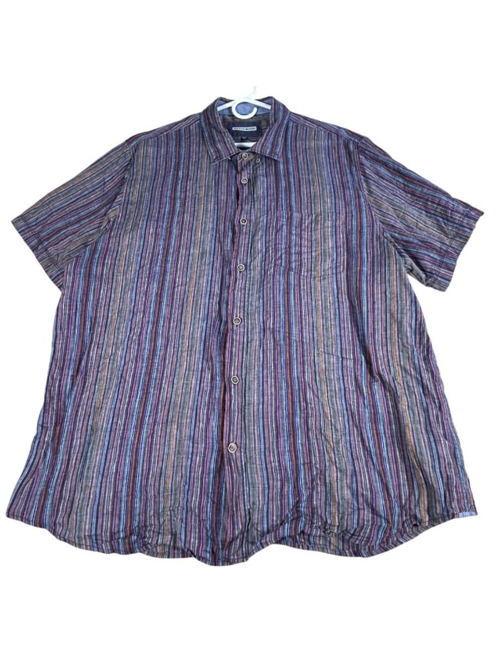 32 Bar Blues Linen Shirt Men's XXL Multicolor Striped Short Sleeve Button-Up